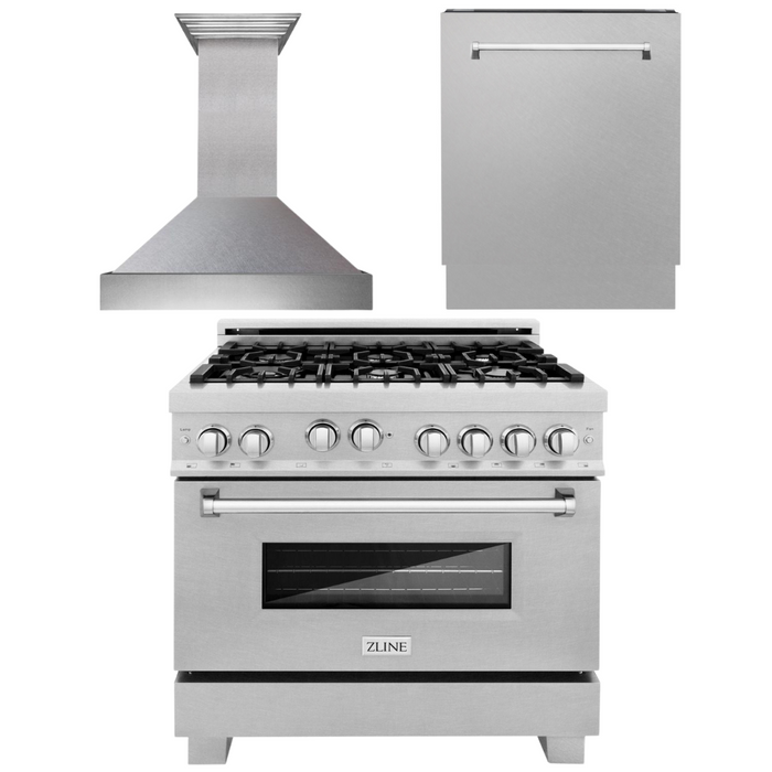 ZLINE 36 in. Kitchen Appliance Package with DuraSnow® Stainless Steel Gas Range, Ducted Range Hood and Dishwasher, 3KP-RGSRH36-DWV