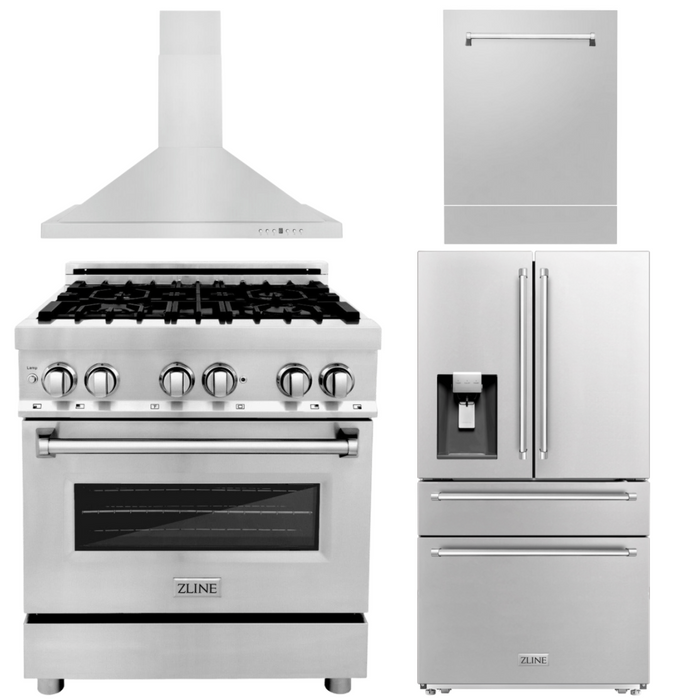 ZLINE Appliance Package - 30" Dual Fuel Range, Refrigerator with Water & Ice Dispenser, Range Hood and Dishwasher