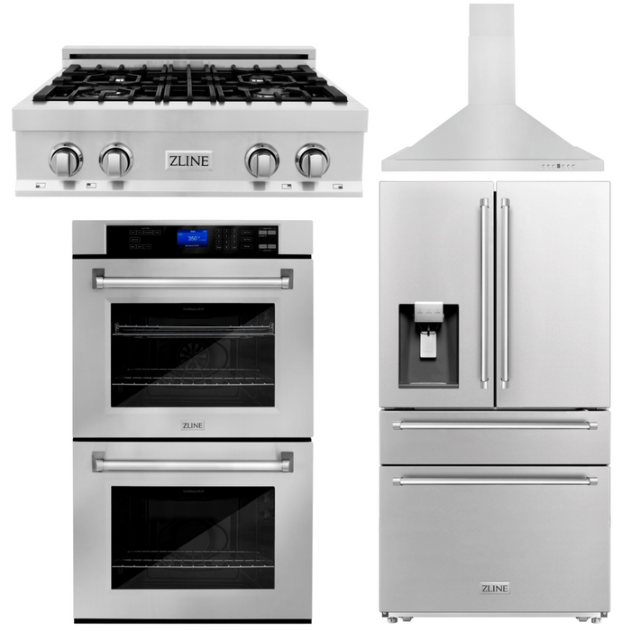 ZLINE Appliance Package - 30 In. Rangetop, Range Hood, Refrigerator with Water and Ice Dispenser and Wall Oven, 4KPRW-RTRH30-AWD