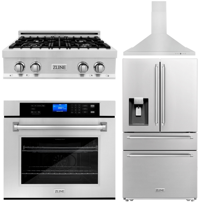 ZLINE Appliance Package - 30 In. Rangetop, Range Hood, Refrigerator with Water and Ice Dispenser and Wall Oven in Stainless Steel, 4KPRW-RTRH30-AWS