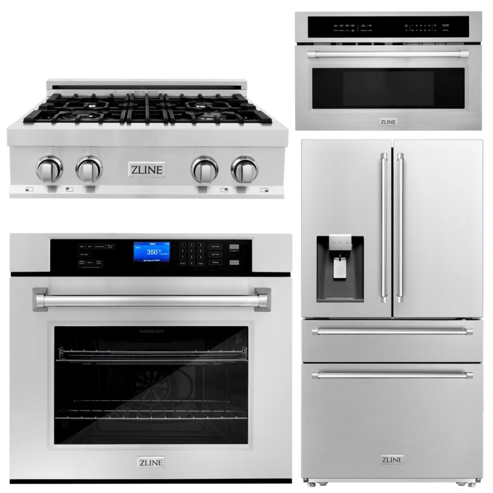 ZLINE Appliance Package - 30 In. Rangetop, Refrigerator with Water and Ice Dispenser, Microwave and Wall Oven in Stainless Steel, 4KPRW-RT30-MWAWS