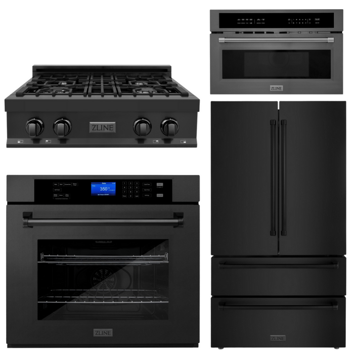 ZLINE 4-Piece Appliance Package - 30 In. Rangetop, Wall Oven, Refrigerator, and Microwave Oven in Black Stainless Steel, 4KPR-RTB30-MWAWS