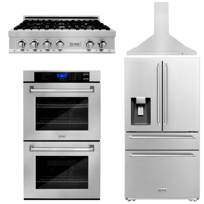 ZLINE Appliance Package - 36 In. Rangetop, Range Hood, Refrigerator with Water and Ice Dispenser and Double Wall Oven, 4KPRW-RTRH36-AWD