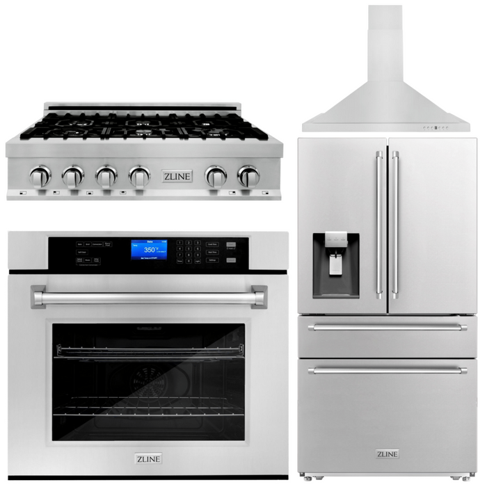 ZLINE Appliance Package - 36 In. Rangetop, Range Hood, Refrigerator with Water and Ice Dispenser and Wall Oven, 4KPRW-RTRH36-AWS