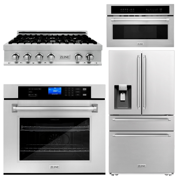 ZLINE Appliance Package - 36 In. Rangetop, Refrigerator with Water and Ice Dispenser, Microwave and Wall Oven in Stainless Steel, 4KPRW-RT36-MWAWS