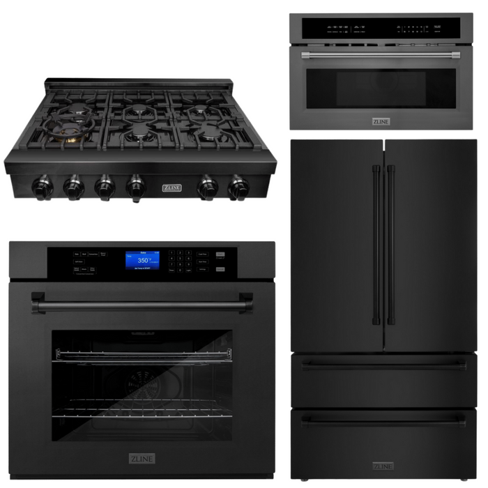 ZLINE 4-Piece Appliance Package - 36 In. Rangetop, Wall Oven, Refrigerator, and Microwave Oven in Black Stainless Steel, 4KPR-RTB36-MWAWS