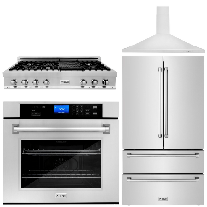 ZLINE 4-Piece Appliance Package - 48 In. Rangetop, Range Hood, Refrigerator, and Wall Oven in Stainless Steel, 4KPR-RTRH48-AWS