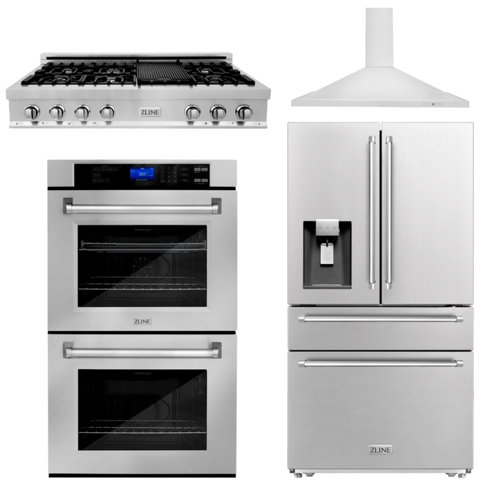 ZLINE Appliance Package - 48 In. Rangetop, Range Hood, Refrigerator with Water and Ice Dispenser and Double Wall Oven, 4KPRW-RTRH48-AWD