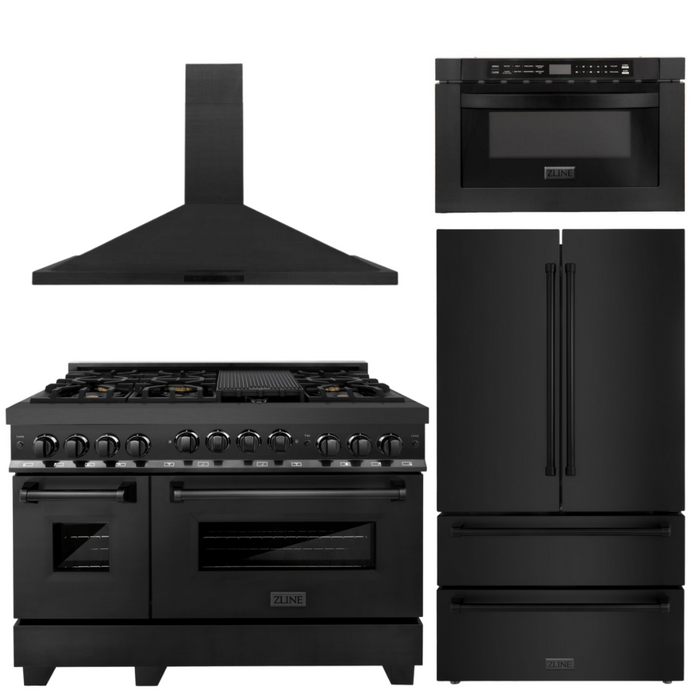 ZLINE Appliance Package - 48 In. Gas Range, Refrigerator, Range Hood, Microwave Drawer in Black Stainless Steel, 4KPR-SGRBRH48-MW