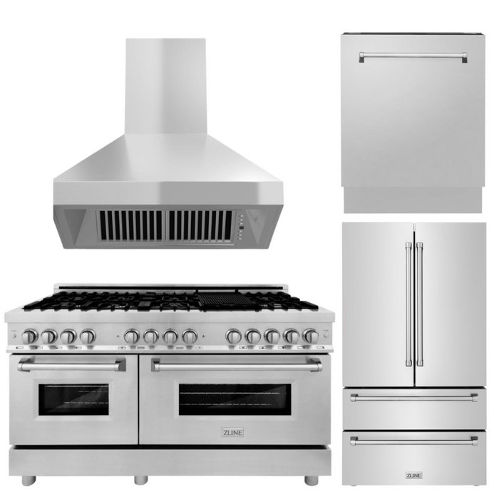 ZLINE Appliance Package - 60 In. Dual Fuel Range, 36 In. Refrigerator, Range Hood and 3-Rack Dishwasher in Stainless Steel, 4KPR-RARH60-DWV