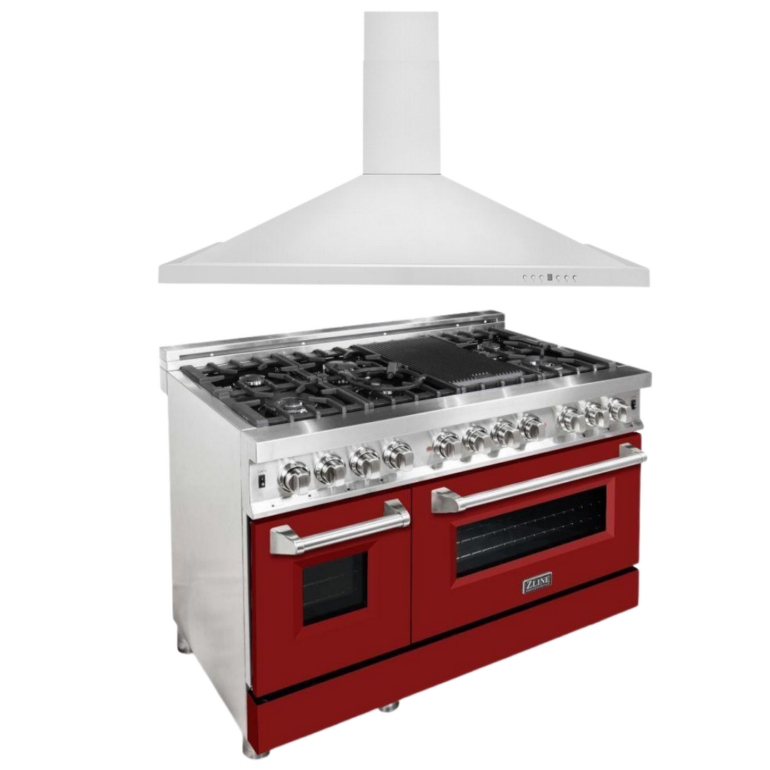 ZLINE 48 in. Dual Fuel Range with Red Matte Door & 48 in. Range Hood A
