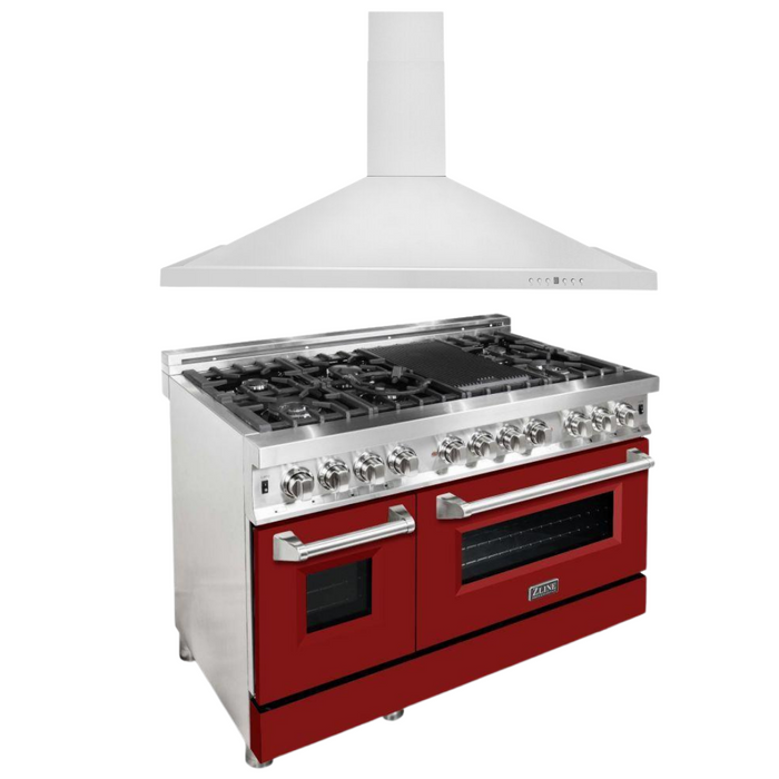 ZLINE 48 in. Dual Fuel Range with Red Matte Door & 48 in. Range Hood Appliance Package, 2KP-RARMRH48