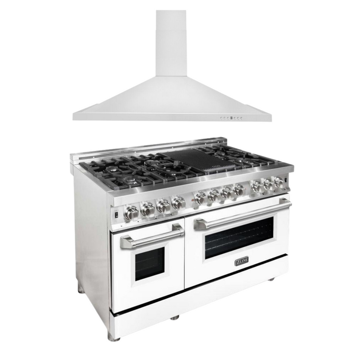 ZLINE 48 in. Dual Fuel Range with White Matte Door & 48 in. Range Hood Appliance Package, 2KP-RAWMRH48