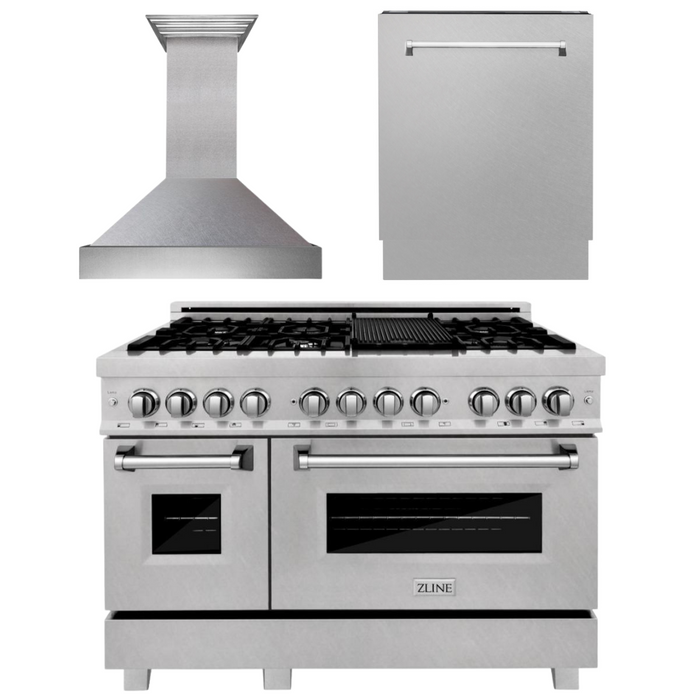 ZLINE 48 in. Kitchen Appliance Package with DuraSnow® Stainless Dual Fuel Range, Ducted Vent Range Hood and Tall Tub Dishwasher, 3KP-RASRH48-DWV