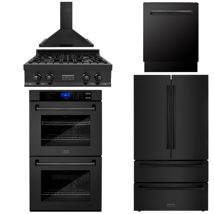 ZLINE Appliance Package - 30" Gas Rangetop, Range Hood, Refrigerator, Dishwasher, Double Wall Oven in Black Stainless