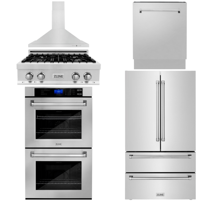 ZLINE 5-Piece Appliance Package - 30 In. Gas Rangetop, Range Hood, Refrigerator, Dishwasher and Wall Oven in Stainless Steel, 5KPR-RTRH30-AWDDWV