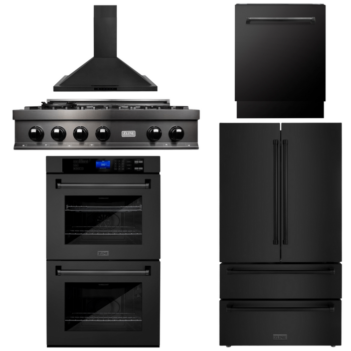 ZLINE Appliance Package - 36" Rangetop, Range Hood, Refrigerator, Dishwasher, Double Wall Oven in Black Stainless