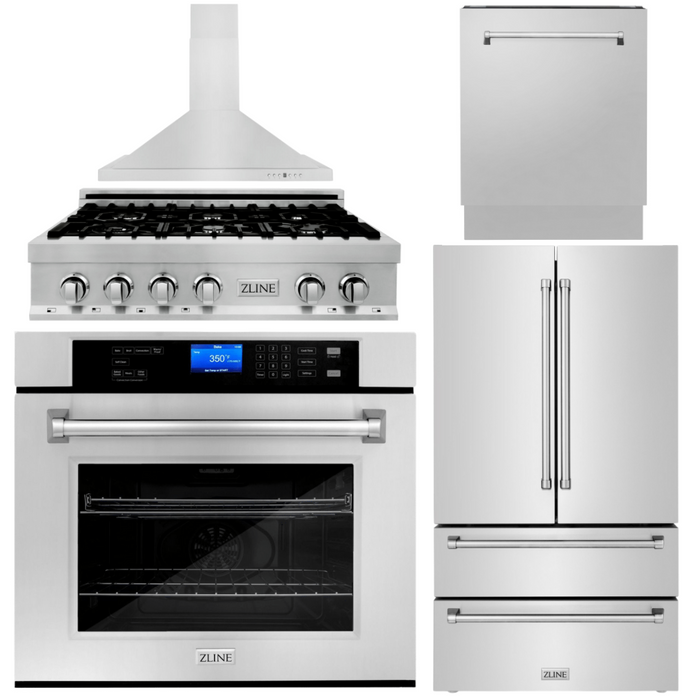 ZLINE 5-Piece Appliance Package - 36 In. Gas Rangetop, Range Hood, Refrigerator, Dishwasher and Wall Oven in Stainless Steel, 5KPR-RTRH36-AWSDWV