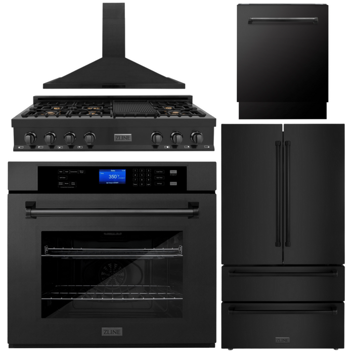 ZLINE Appliance Package - 48" Rangetop, Range Hood, Refrigerator, Dishwasher, Wall Oven in Black Stainless Steel