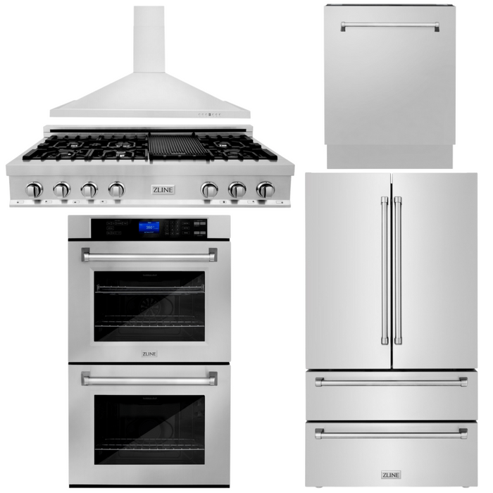 ZLINE 5-Piece Appliance Package - 48 In. Gas Rangetop, Range Hood, Refrigerator, Dishwasher and Wall Oven in Stainless Steel, 5KPR-RTRH48-AWDDWV