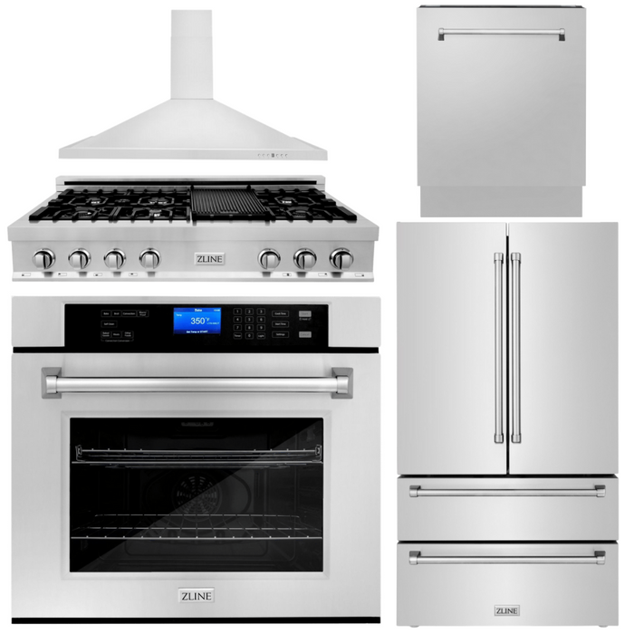 ZLINE 5-Piece Appliance Package - 48 In. Gas Rangetop, Range Hood, Refrigerator, Dishwasher and Wall Oven in Stainless Steel, 5KPR-RTRH48-AWSDWV