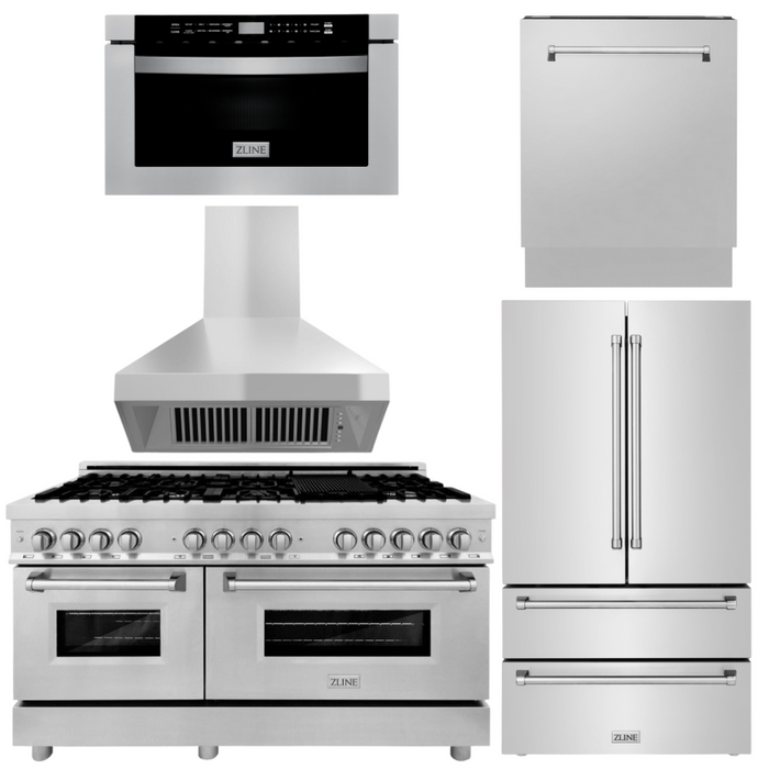 ZLINE 5-Piece Appliance Package - 60 In. Range, Range Hood, Refrigerator, Microwave and Dishwasher in Stainless Steel, 5KPR-RARH60-MWDWV