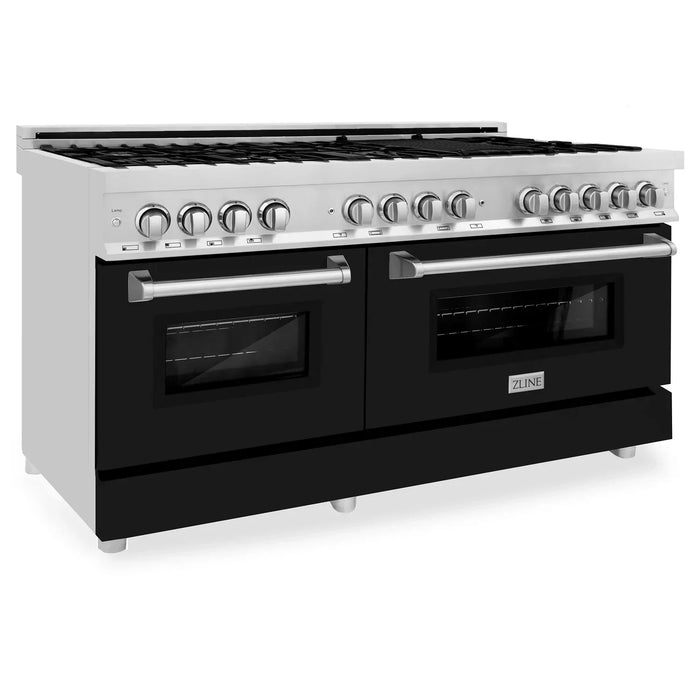 ZLINE 60 In. Professional Dual Fuel Range in DuraSnow®Stainless Steel with Black Matte Door, RAS-BLM-60