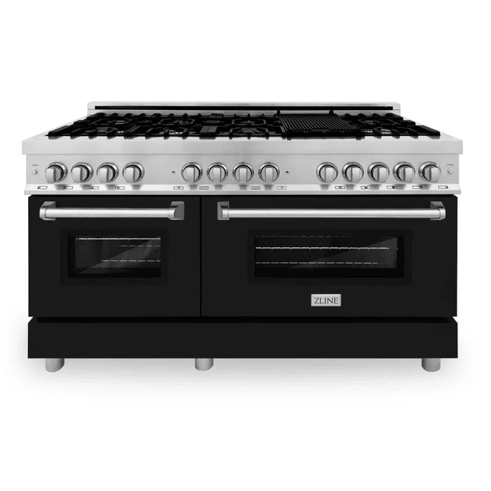 ZLINE 60 In. Professional Dual Fuel Range in DuraSnow®Stainless Steel with Black Matte Door, RAS-BLM-60