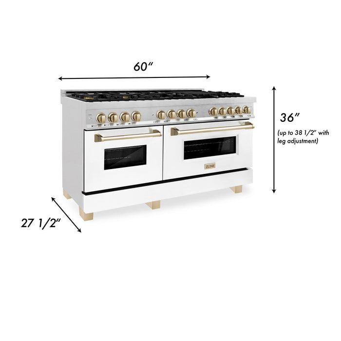 ZLINE 60 Inch Autograph Edition Dual Fuel Range in DuraSnow® Stainless Steel with White Matte Door and Gold Accents, RASZ-WM-60-G