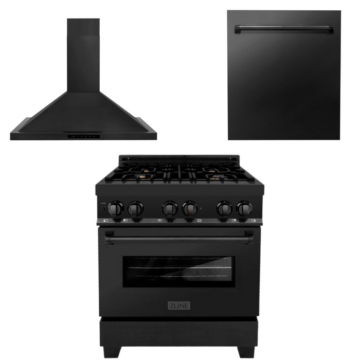 ZLINE Appliance Package - 30 In. Dual Fuel Range, Range Hood, Dishwasher in Black Stainless Steel, 3KP-RABRH30-DWV