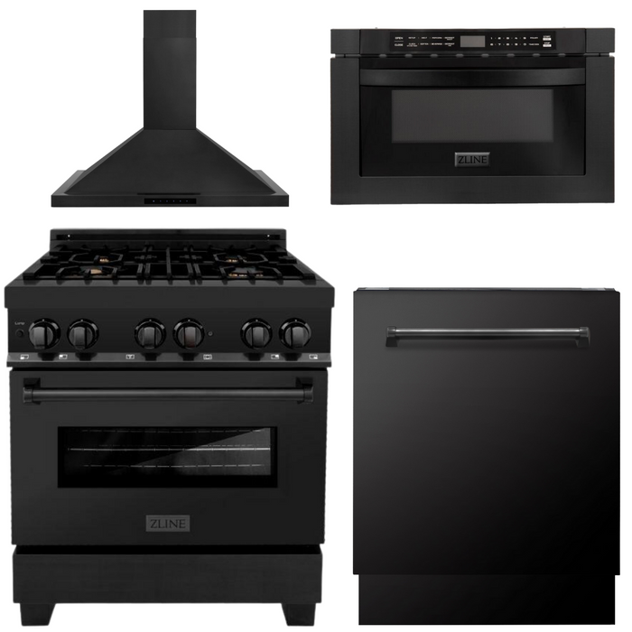 ZLINE Appliance Package - 30 In. Dual Fuel Range, Range Hood, Microwave and Dishwasher in Black Stainless Steel, 4KP-RABRH30-MWDWV