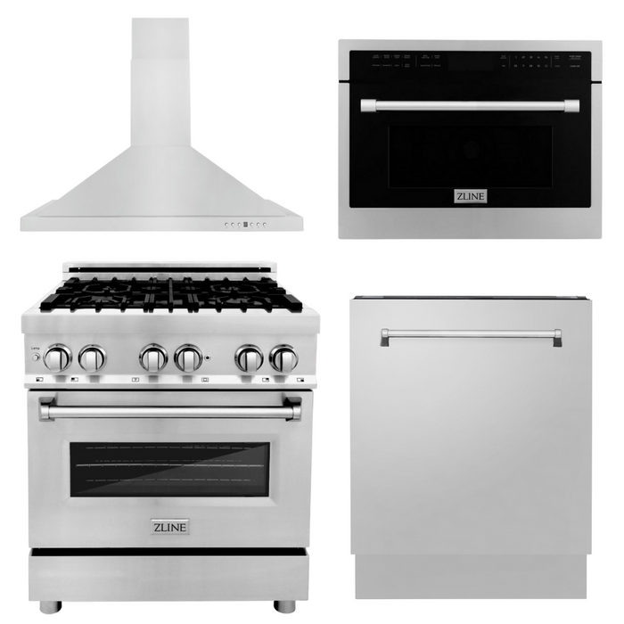 ZLINE Appliance Package - 30 in. Dual Fuel Range, 30 in. Range Hood, Microwave Oven, 3 Rack Dishwasher, 4KP-RARH30-MODWV