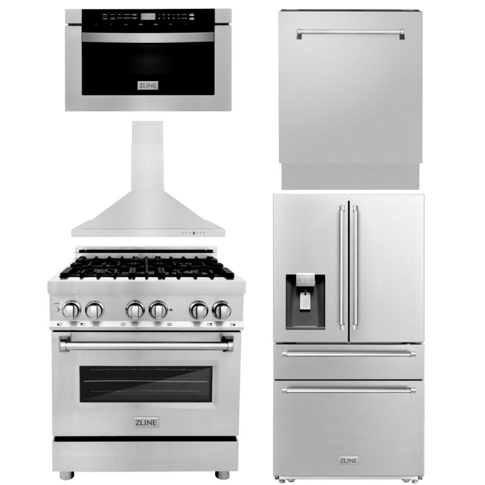 ZLINE Package - 30" Dual Fuel Range, Range Hood, Microwave, Dishwasher, Refrigerator with Water & Ice Dispenser