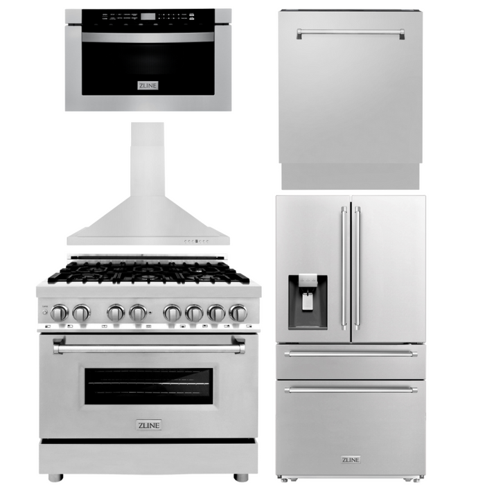 ZLINE Appliance Package - 36" Dual Fuel Range, Range Hood, Microwave, Dishwasher, Refrigerator with Water and Ice Dispenser, 5KPRW-RARH36-MWDWV