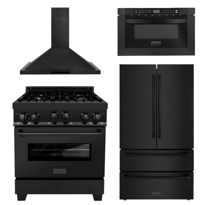 ZLINE Appliance Package - 30 in. Dual Fuel Range, Range Hood, Microwave Drawer, Refrigerator in Black Stainless, 4KPR-RABRH30-MW