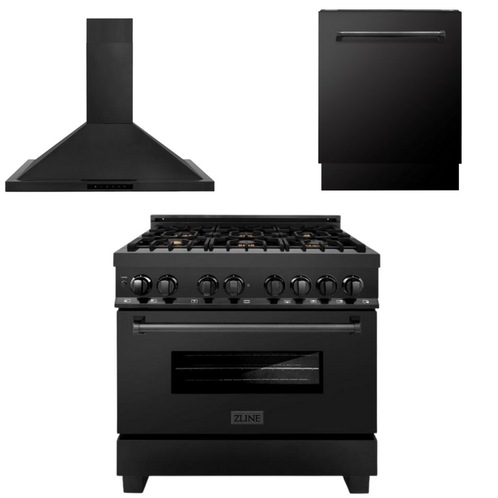 ZLINE Appliance Package - 36 In. Dual Fuel Range, Range Hood, Dishwasher in Black Stainless Steel, 3KP-RABRH36-DWV