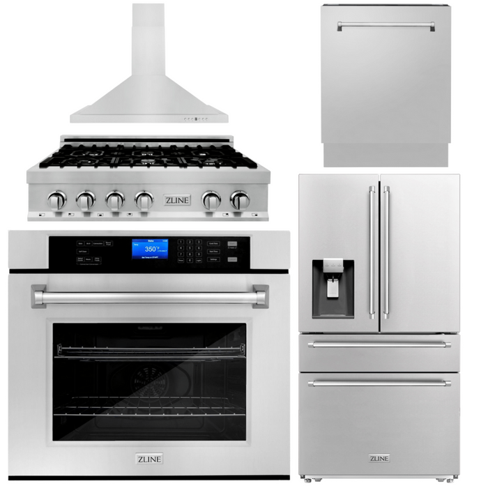 ZLINE Package - 36" Gas Rangetop, Range Hood, Refrigerator with Water and Ice Dispenser, Dishwasher, Wall Oven