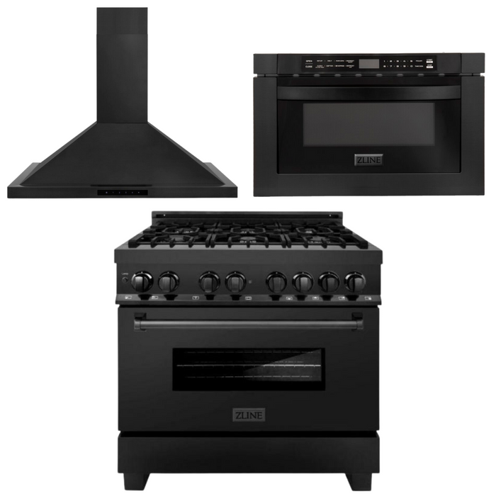 ZLINE Appliance Package - 36 in. Dual Fuel Range, Range Hood, Microwave in Black Stainless Steel, 3KP-RABRBRH36-MW