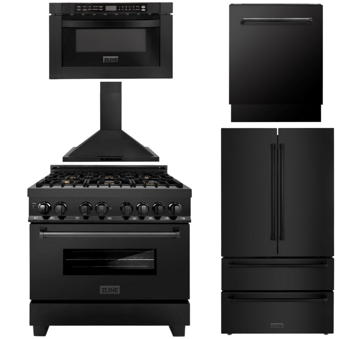 ZLINE Appliance Package - 36 in. Duel Fuel Range, Range Hood, Microwave Drawer, Dishwasher, Refrigerator, 5KPR-RABRH36-MWDWV