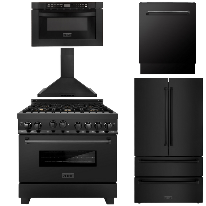 ZLINE Appliance Package - 36 in. Gas Range, Range Hood, Microwave Oven, Dishwasher, Refrigerator, 5KPR-RGBRH36-MWDWV