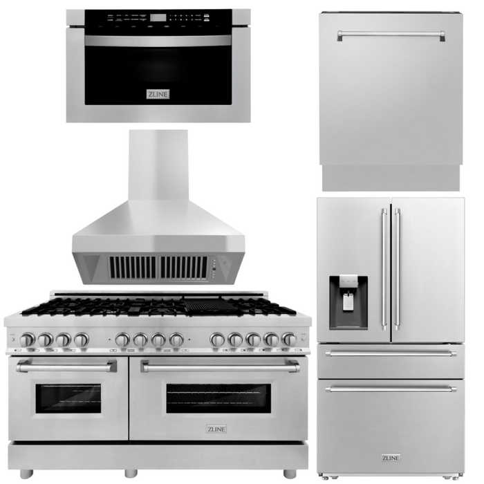 ZLINE Package - 60" Dual Fuel Range, Range Hood, Microwave, Dishwasher, Refrigerator with Water and Ice Dispenser