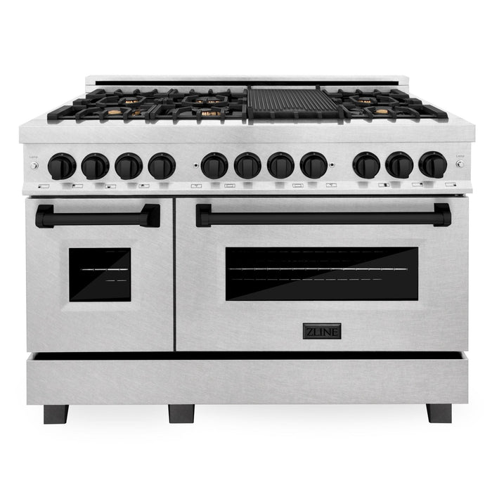 ZLINE Autograph 48 in. Gas Burner/Electric Oven in DuraSnow® Stainless Steel with Matte Black Accents, RASZ-SN-48-MB