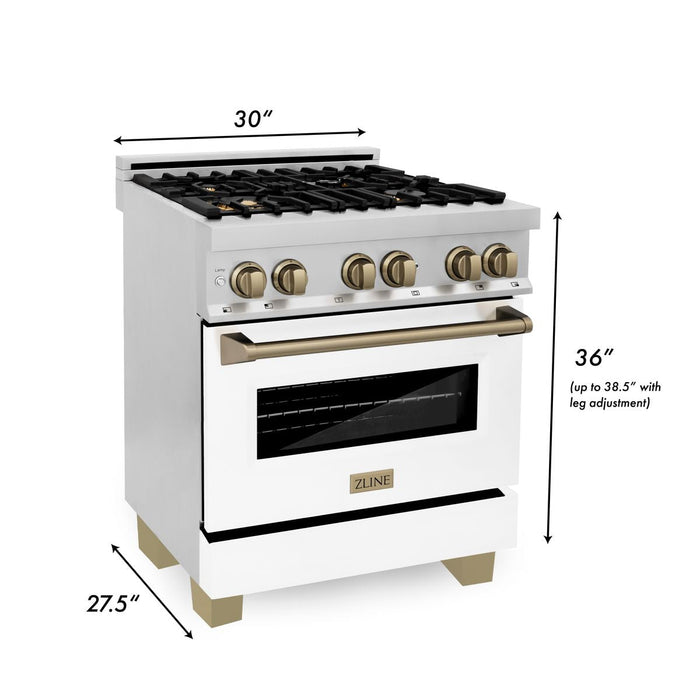 ZLINE Autograph 30" 4.0 cu. ft. Dual Fuel Range with White Matte Door and Bronze Accents, RAZ-WM-30-CB