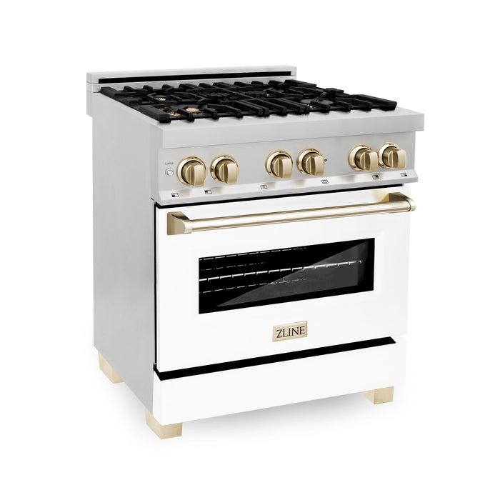 ZLINE Autograph 30" 4.0 cu. ft. Dual Fuel Range with White Matte Door and Gold Accents, RAZ-WM-30-G