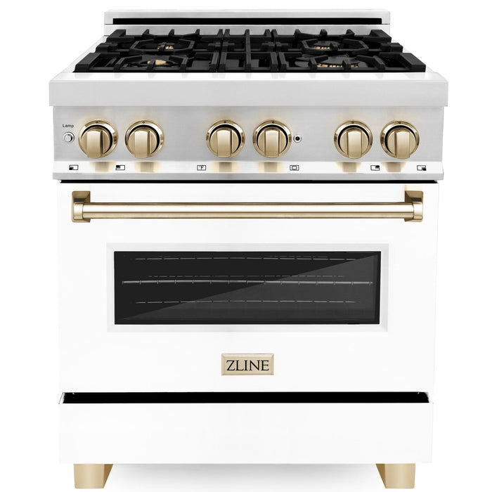 ZLINE Autograph 30" 4.0 cu. ft. Dual Fuel Range with White Matte Door and Gold Accents, RAZ-WM-30-G