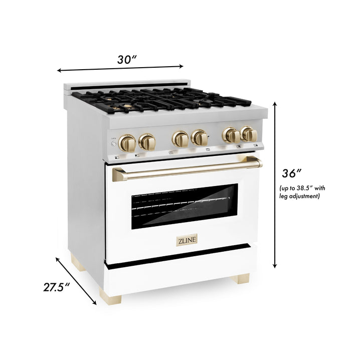 ZLINE Autograph 30" 4.0 cu. ft. Dual Fuel Range with White Matte Door and Gold Accents, RAZ-WM-30-G