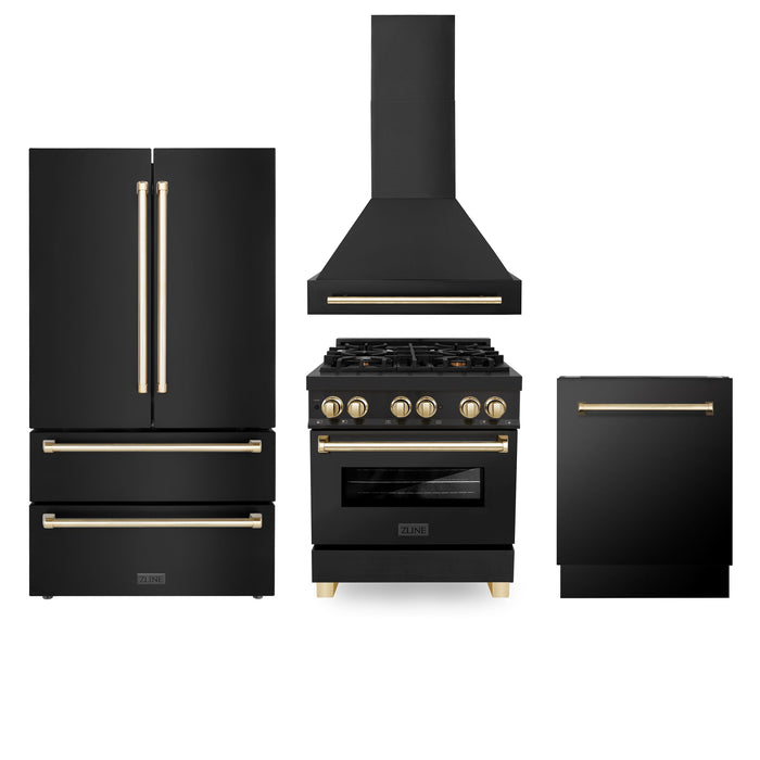 ZLINE Autograph Package - 30" Dual Fuel Range, Range Hood, Refrigerator, Dishwasher in Black Stainless with Gold Accents