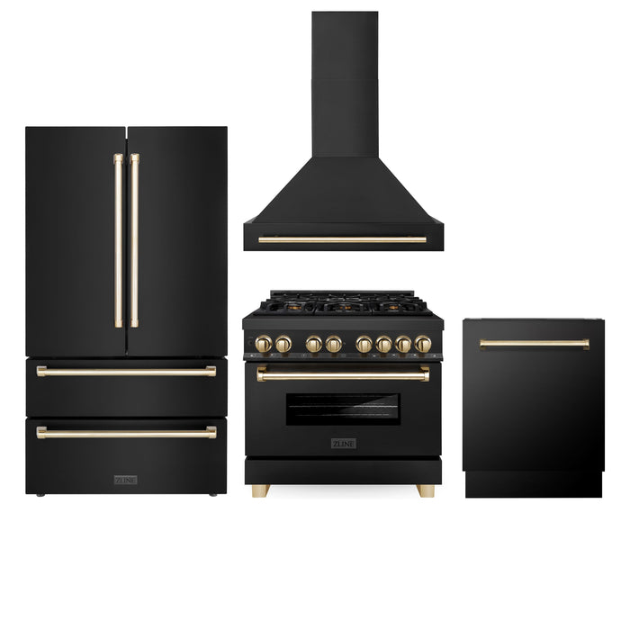 ZLINE Autograph Package - 36" Dual Fuel Range, Range Hood, Refrigerator, Dishwasher in Black Stainless with Gold Accents