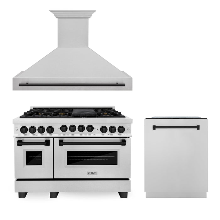 ZLINE Autograph Package - 48 In. Gas Range, Range Hood and Dishwasher with Matte Black Accents, 3AKPR-RGSRHDWM48-MB