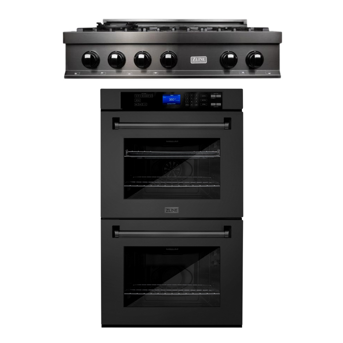 ZLINE Kitchen Appliance Package with 36 in. Black Stainless Steel Rangetop and 30 in. Double Wall Oven, 2KP-RTBAWD36